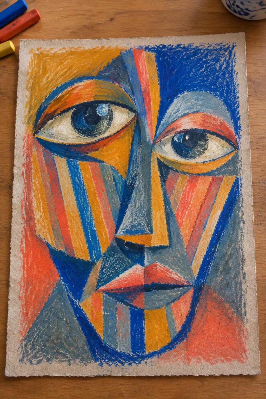 Cubist portrait of a face with bold geometric stripes in vibrant blue, orange, and red.