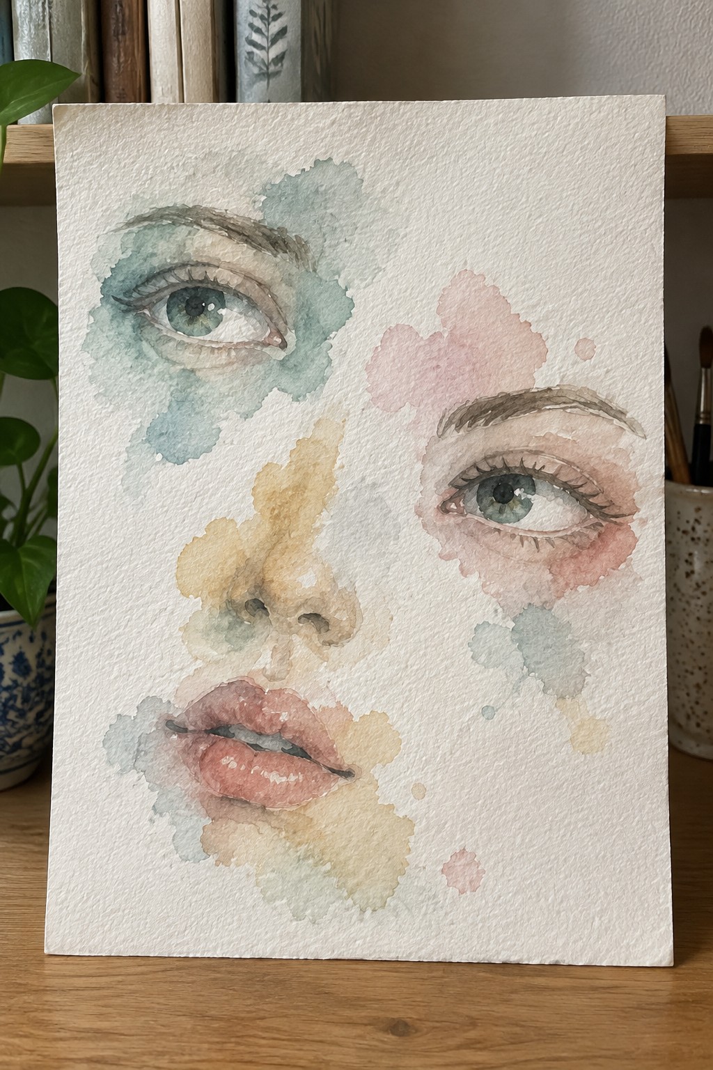 Watercolor painting of woman's face with green eyes, pink lips, and abstract colorful washes