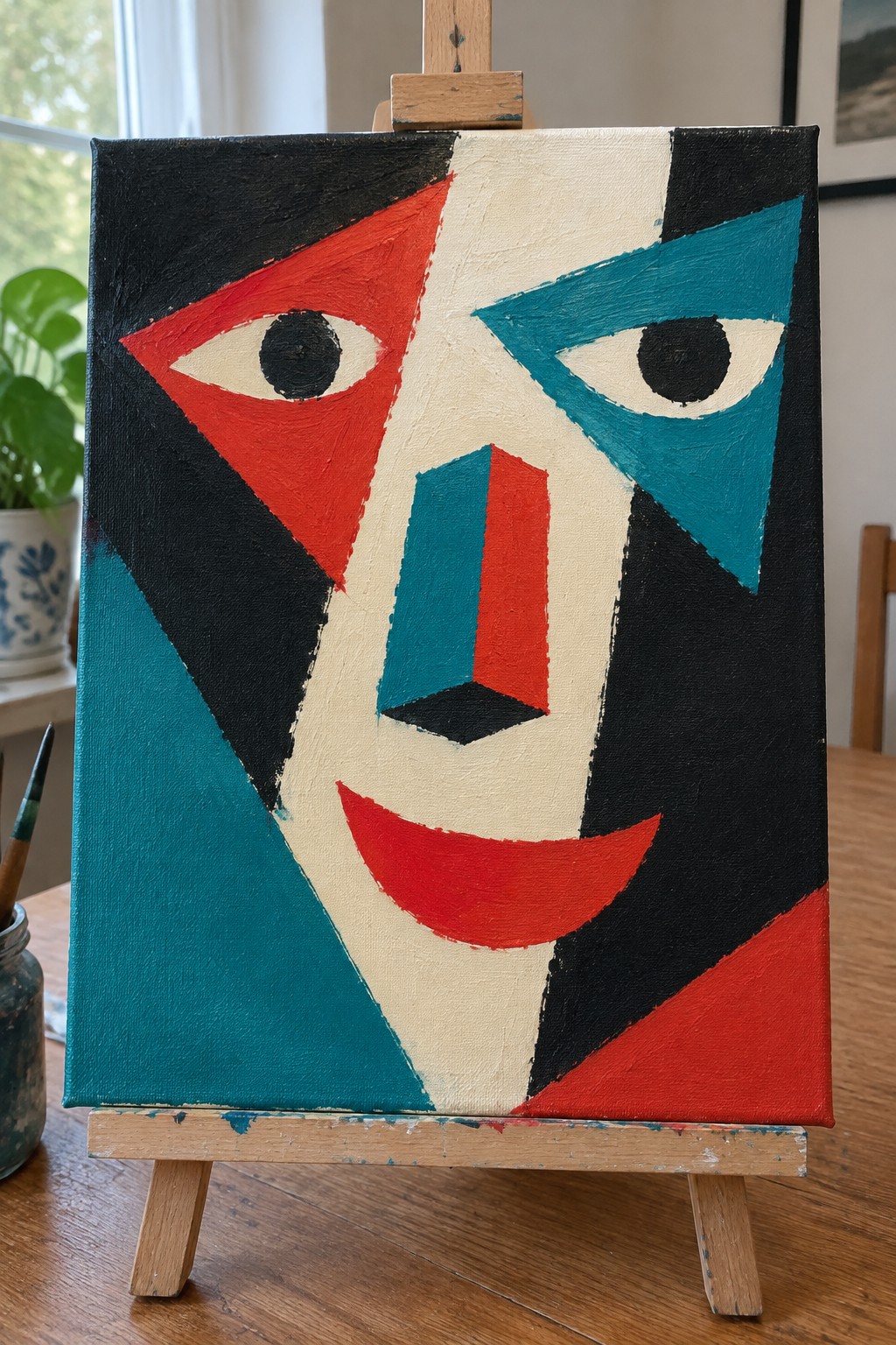 Abstract cubist face painting in red teal black white on wooden easel