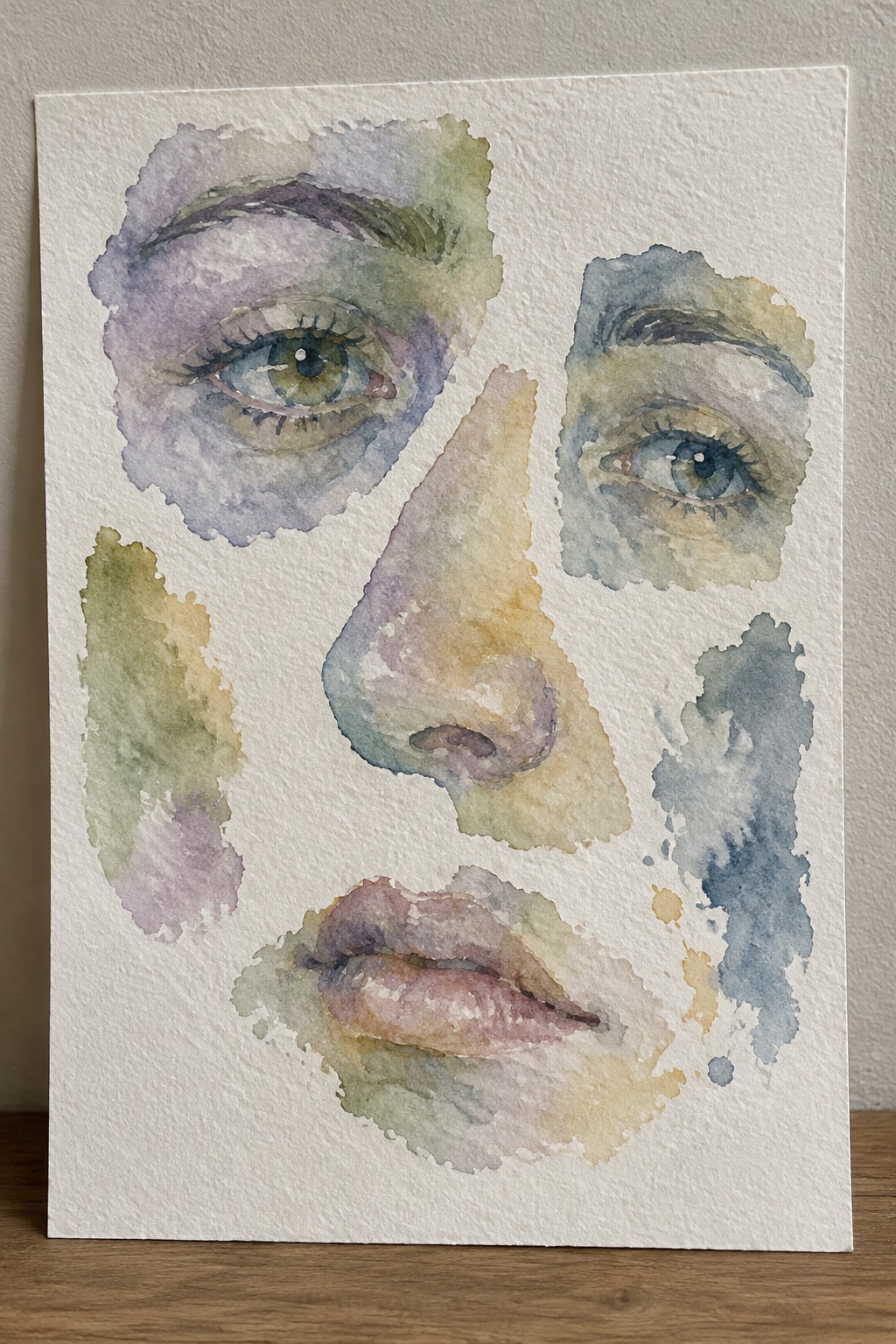 Watercolor painting of fragmented eyes, nose, lips, and abstract color patches.