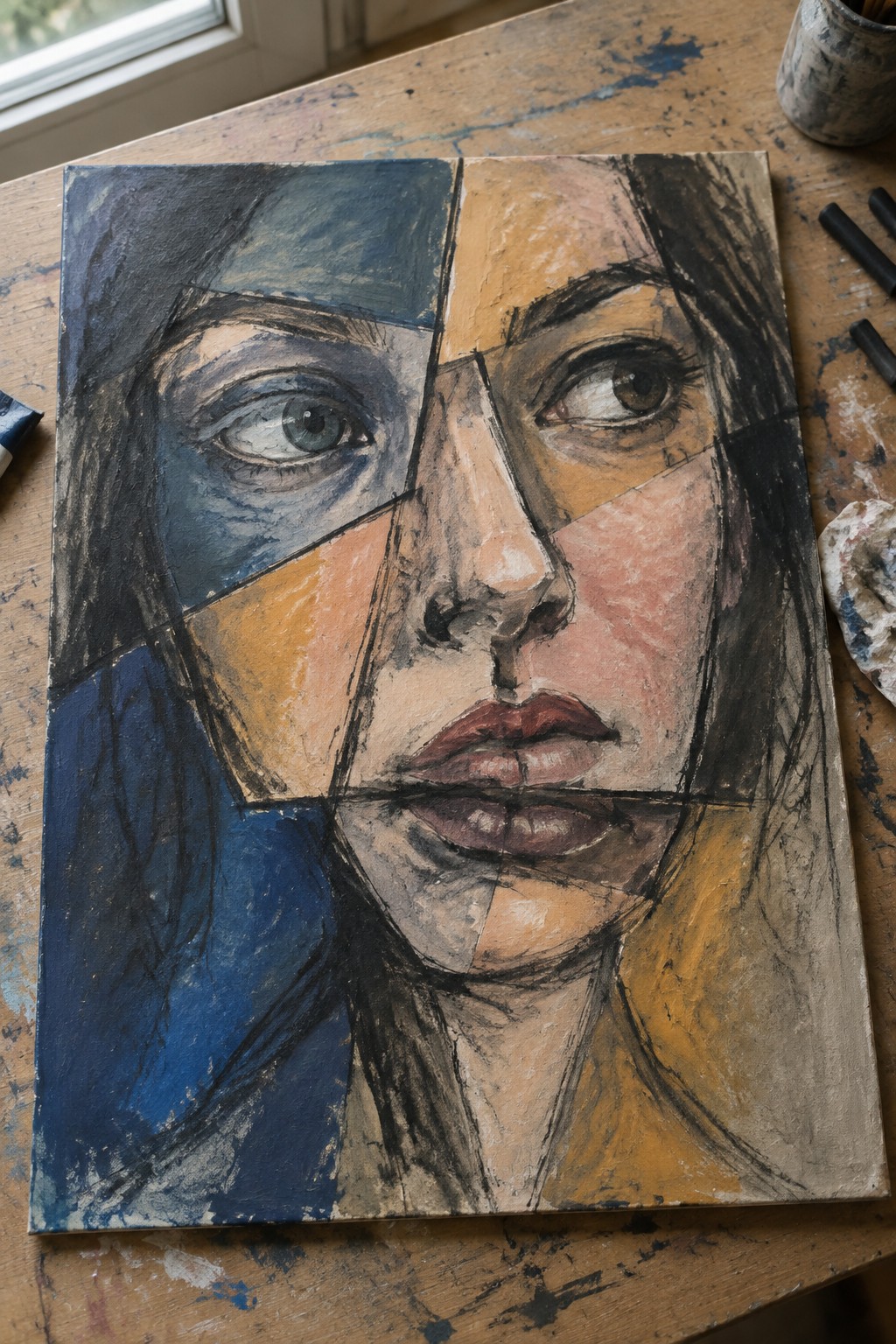Cubist-style woman's face painting with colorful geometric sections on wooden table
