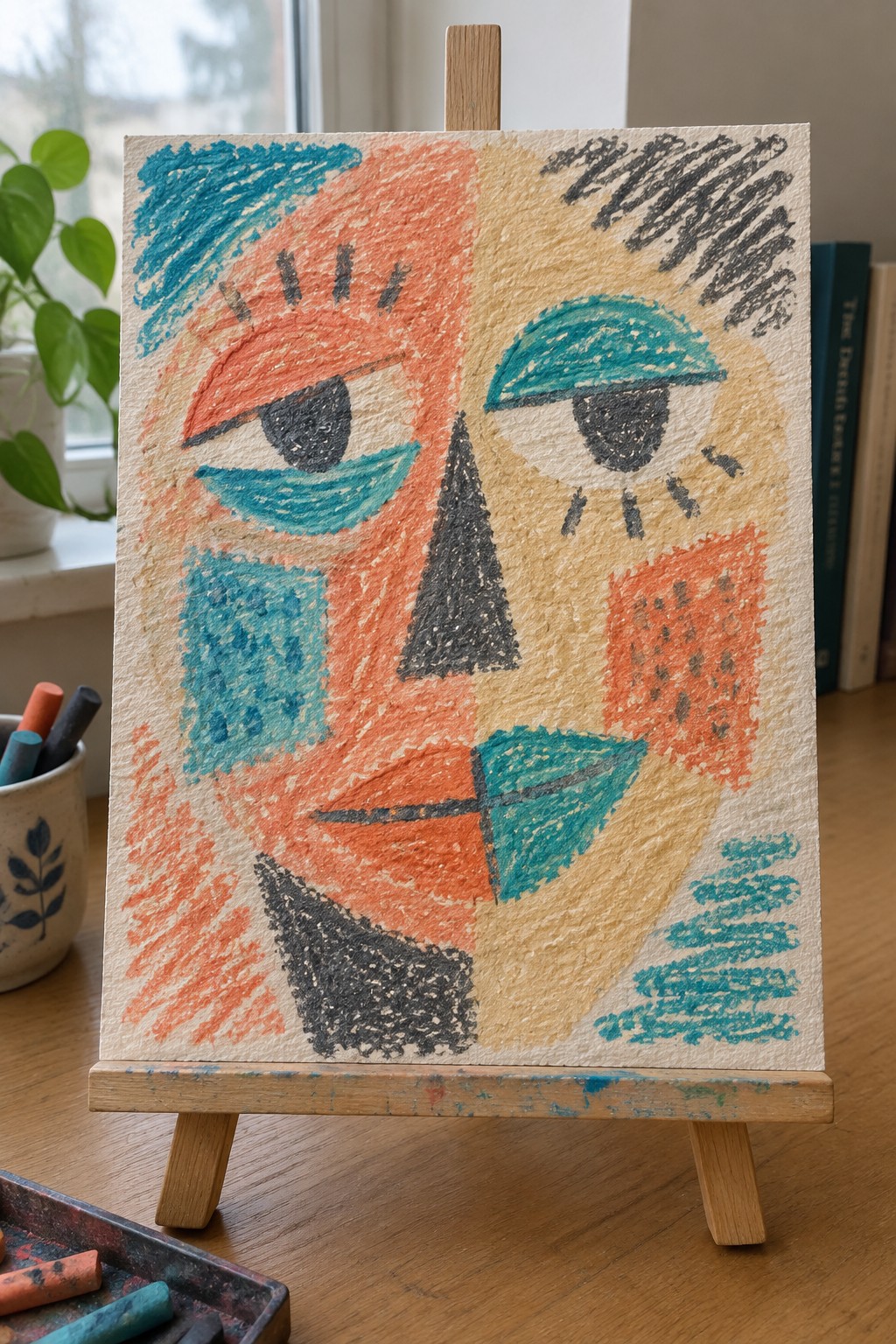 Abstract vibrant face painting in orange teal black on wooden easel