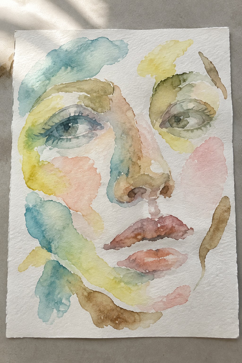 Abstract watercolor portrait of a woman's face in vibrant blended hues.