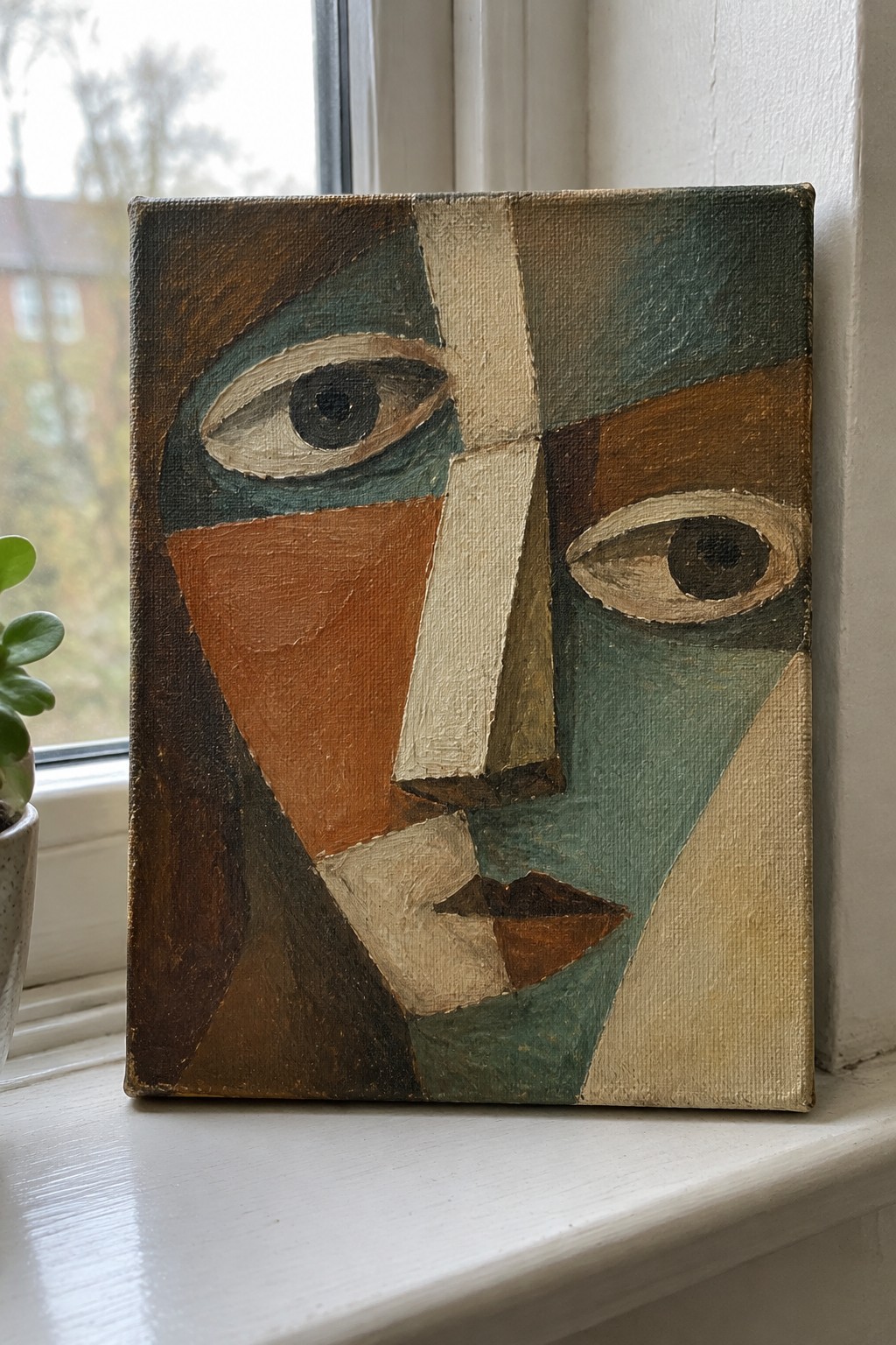 Cubist abstract face painting in brown teal and orange on windowsill