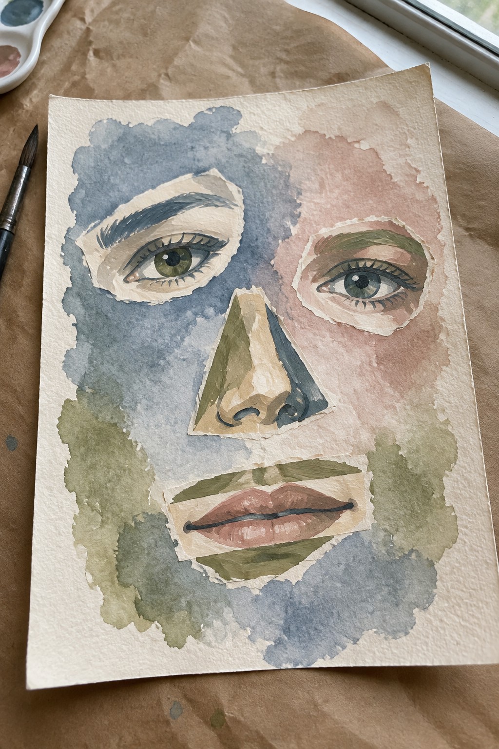 Watercolor collage of fragmented face with blue-pink washes, torn edges, and art supplies