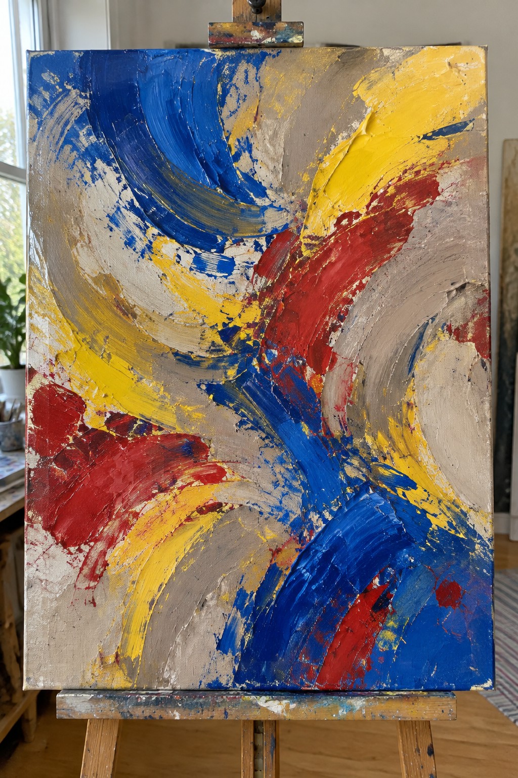 Abstract painting with bold blue, yellow, red, and gray brushstrokes on wooden easel.