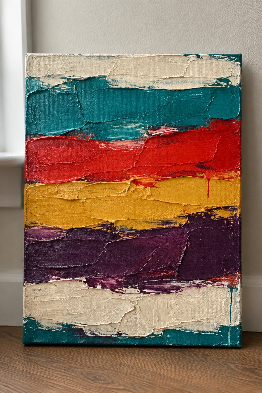 Abstract painting with thick horizontal layers of teal red yellow purple and white on canvas