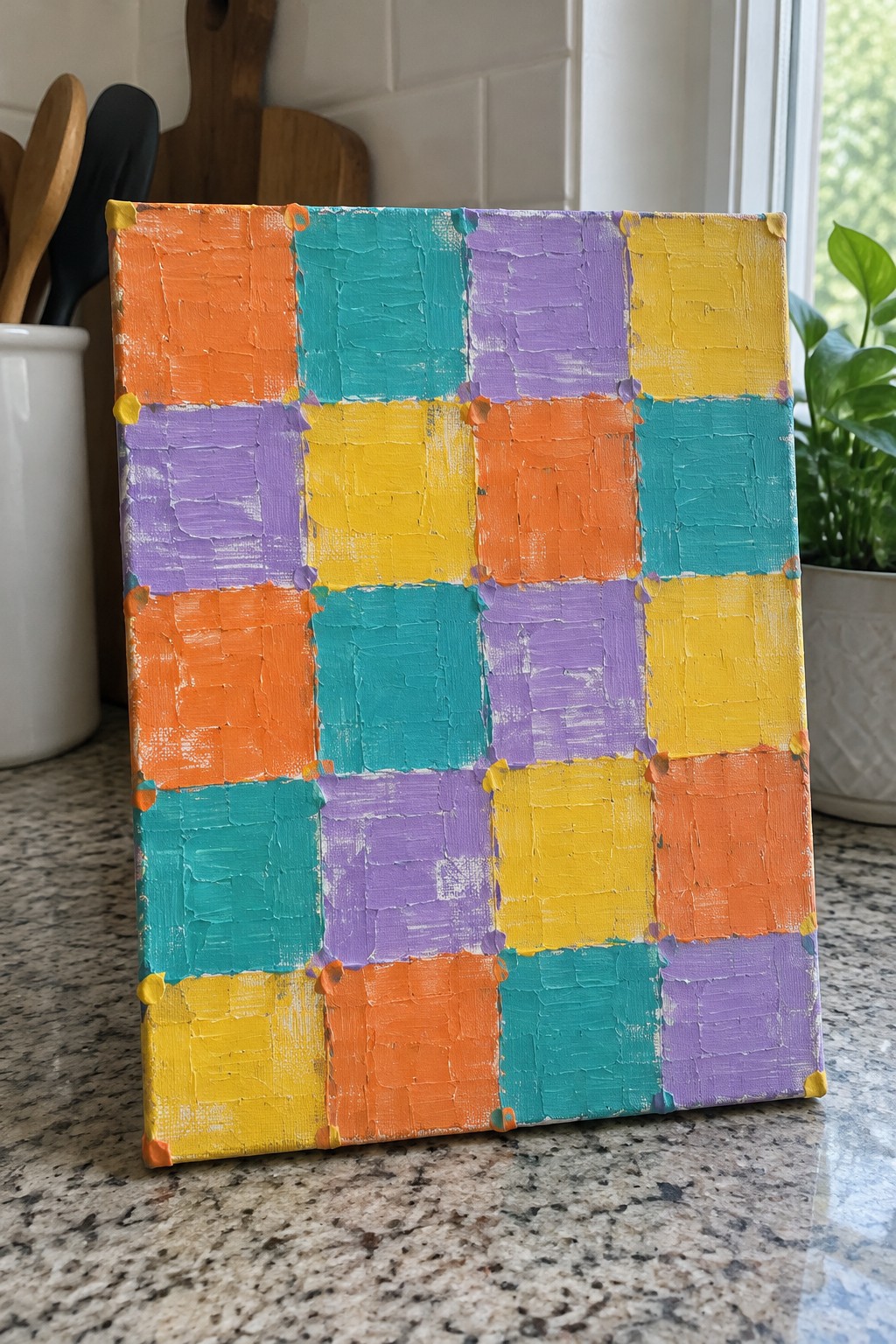 Colorful thickly textured canvas painting with a grid of orange, teal, purple, and yellow squares
