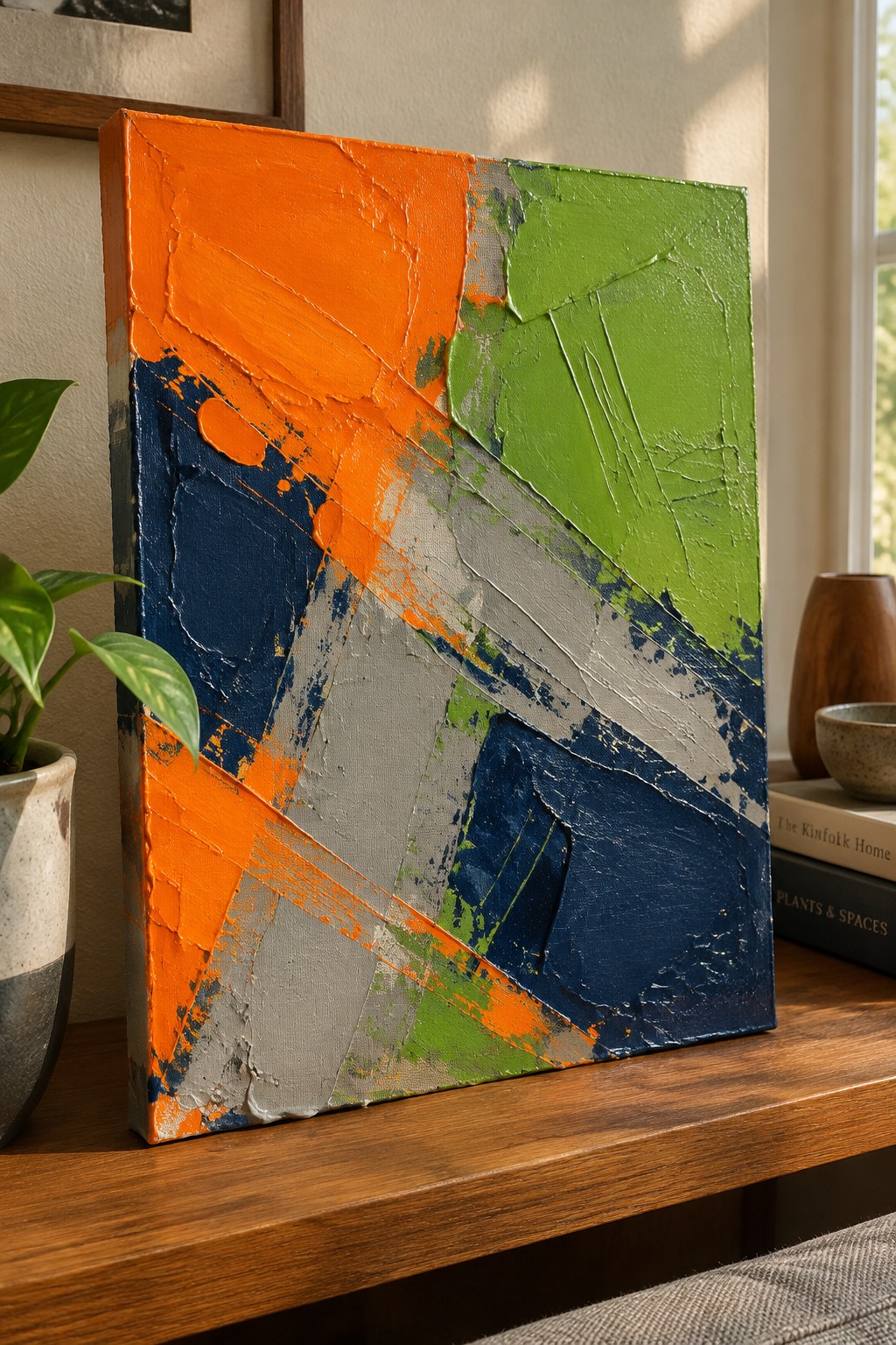Abstract painting with thick orange, blue, green, and gray textures on wooden shelf beside plant