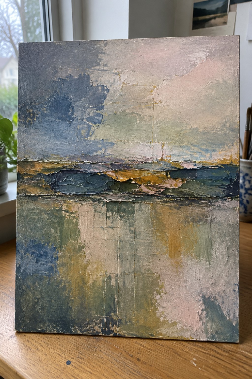 Textured abstract landscape painting with layered blues, greens, pinks, and gold tones.