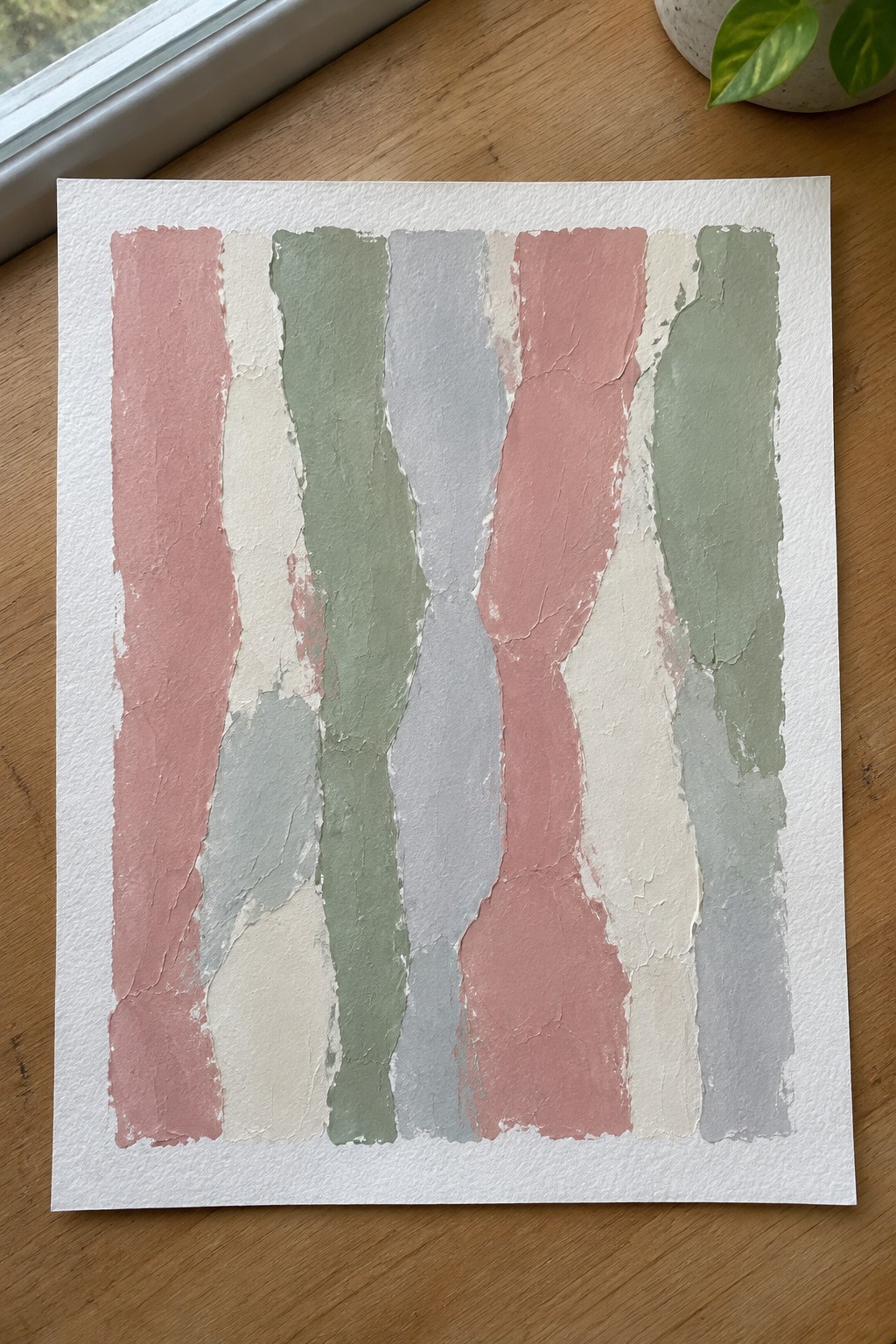 Abstract artwork with irregular vertical stripes in pink, green, gray, and cream on paper