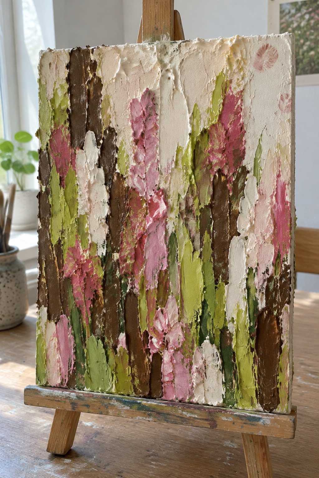Thickly textured abstract painting with pink, green, brown vertical strokes on wooden easel