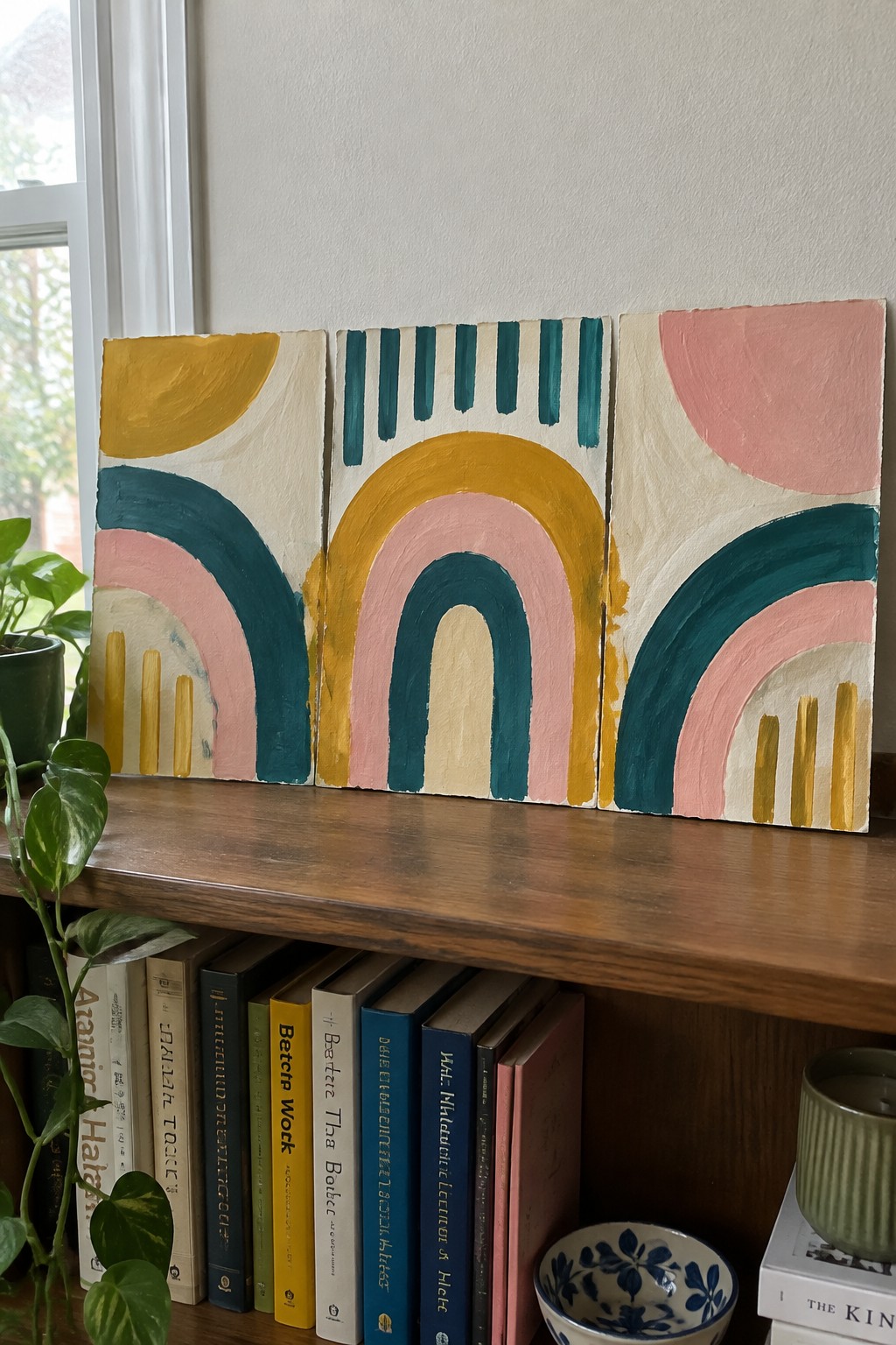 Three abstract paintings with colorful arches above books on a wooden shelf.