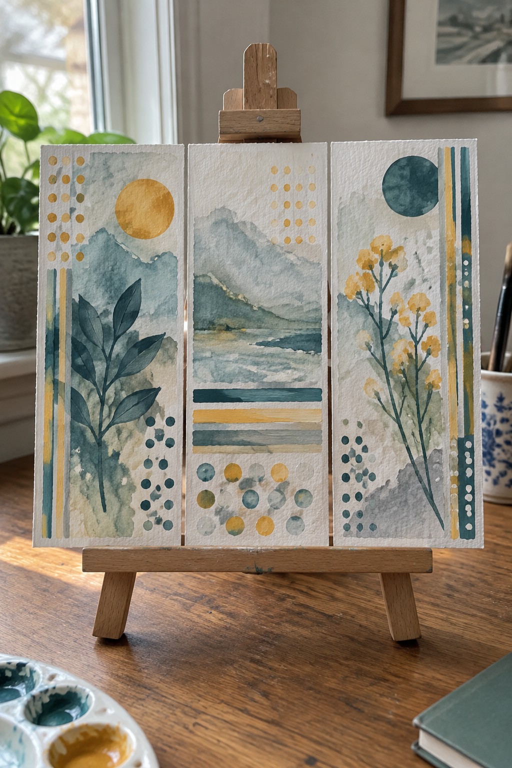 Three abstract watercolor panels on wooden easel with mountains, sun, and yellow flowers