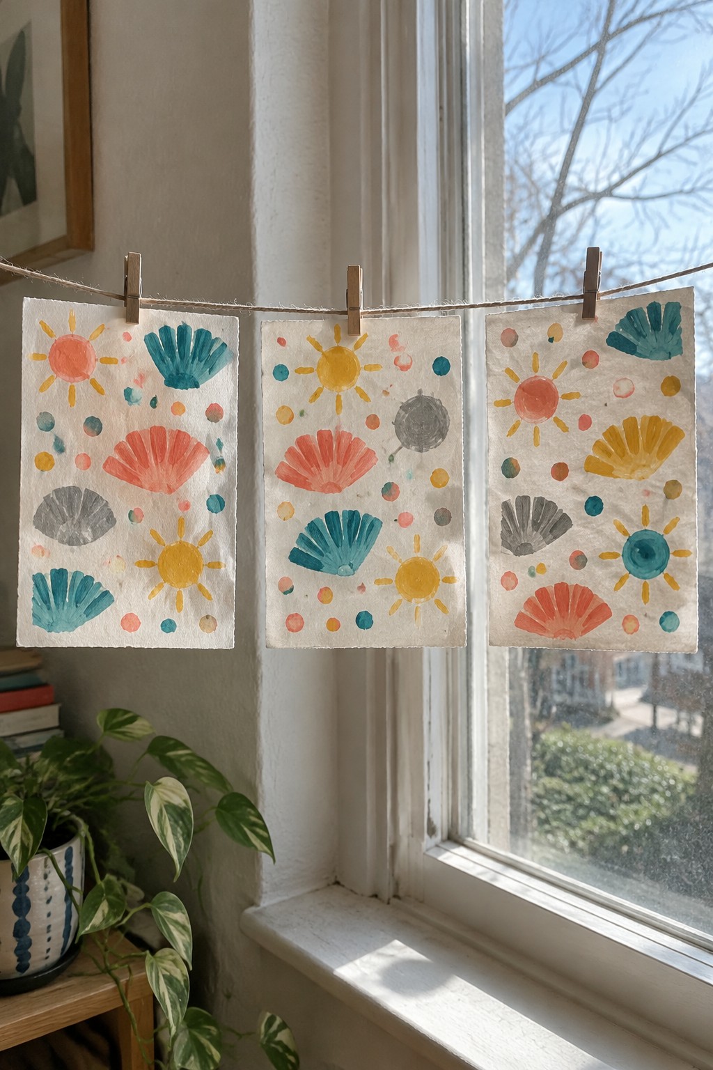 Three watercolor artworks with suns and shells clipped to twine by a window