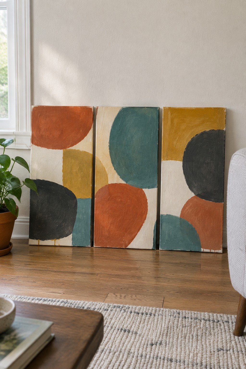 Three abstract paintings with orange, teal, and yellow shapes on wooden floor beside plant
