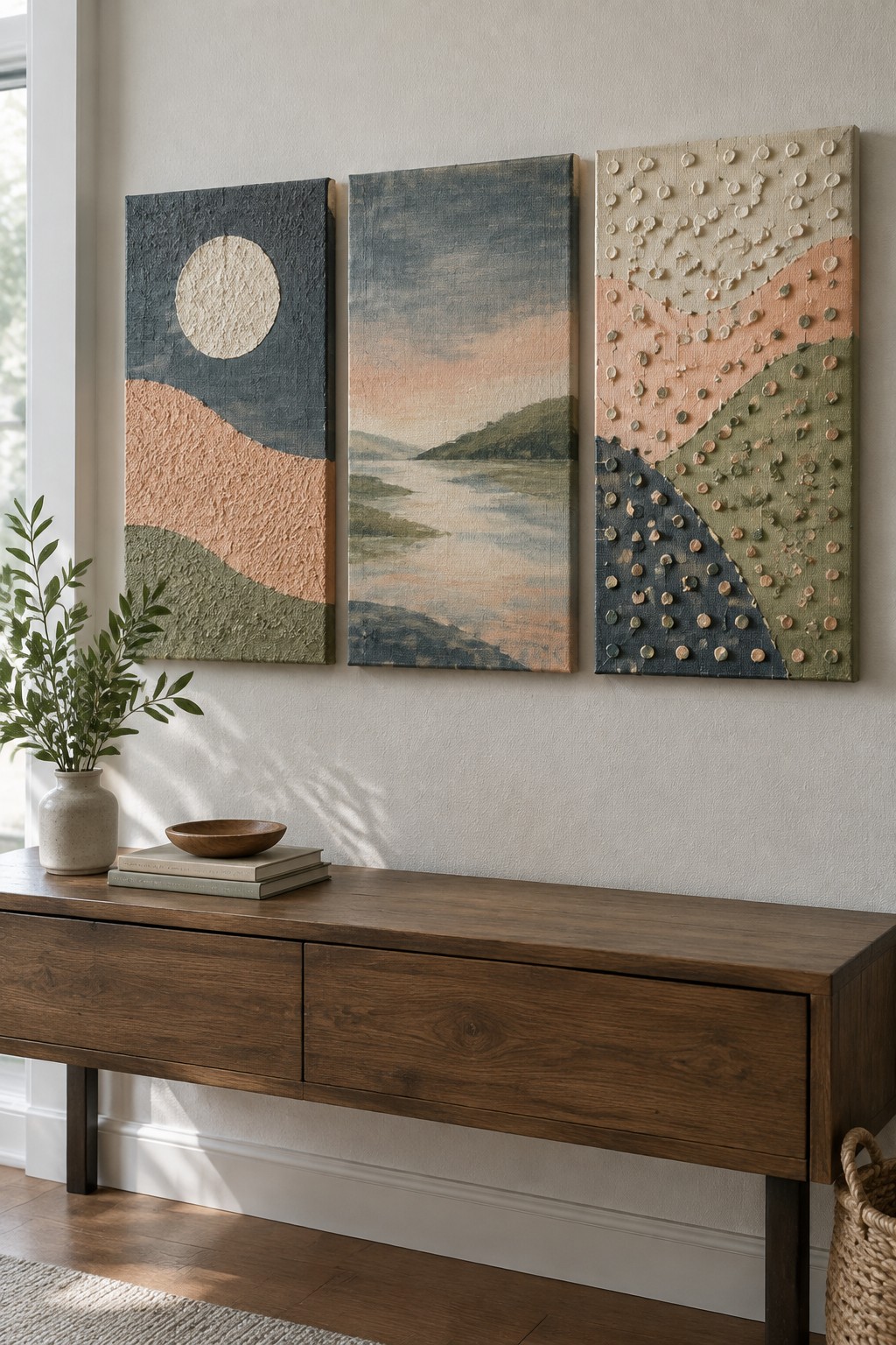 Three abstract textured paintings above wooden console with plant, books, and bowl
