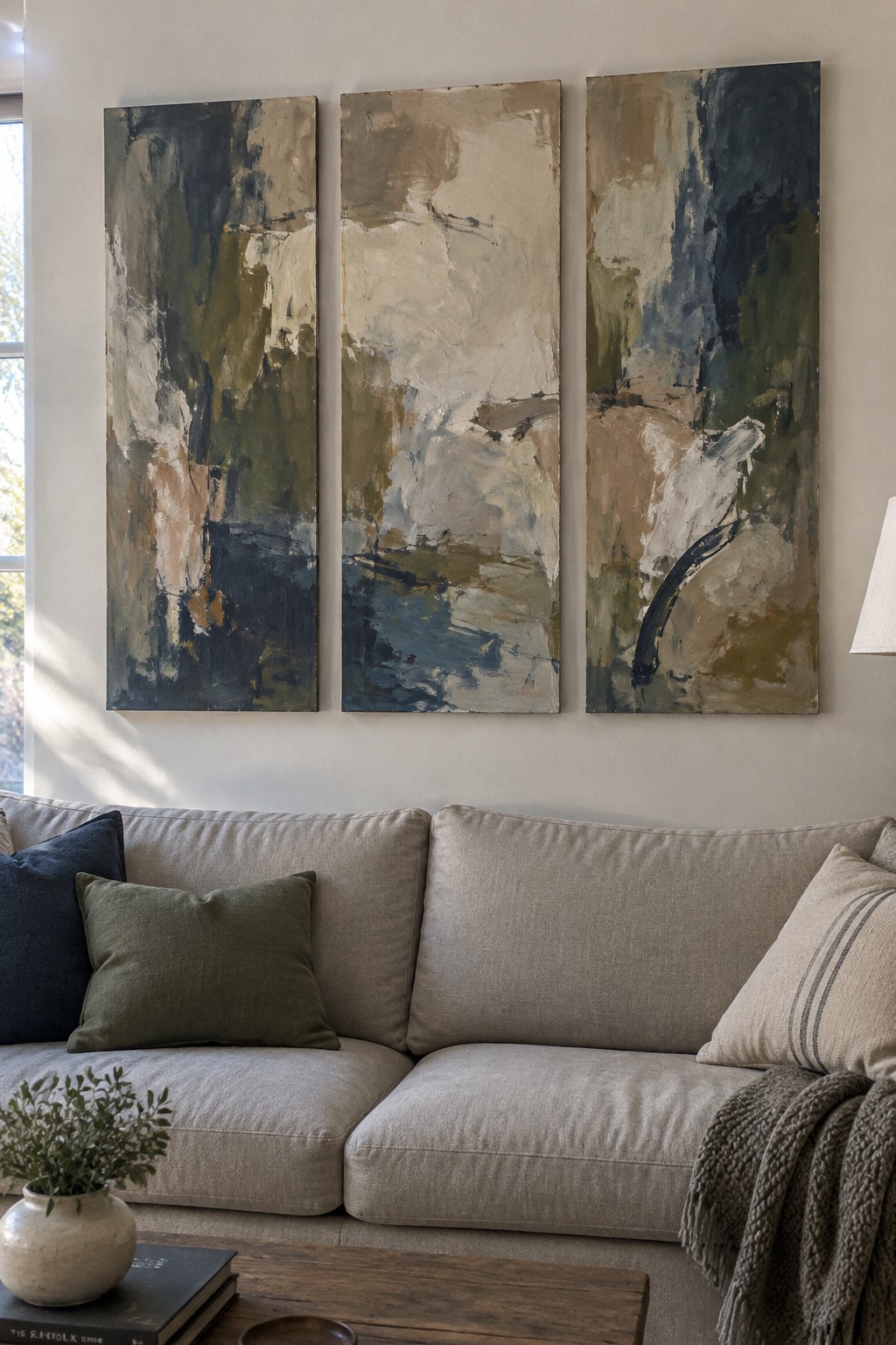 Beige sectional sofa with blue, green, and striped pillows under abstract triptych paintings