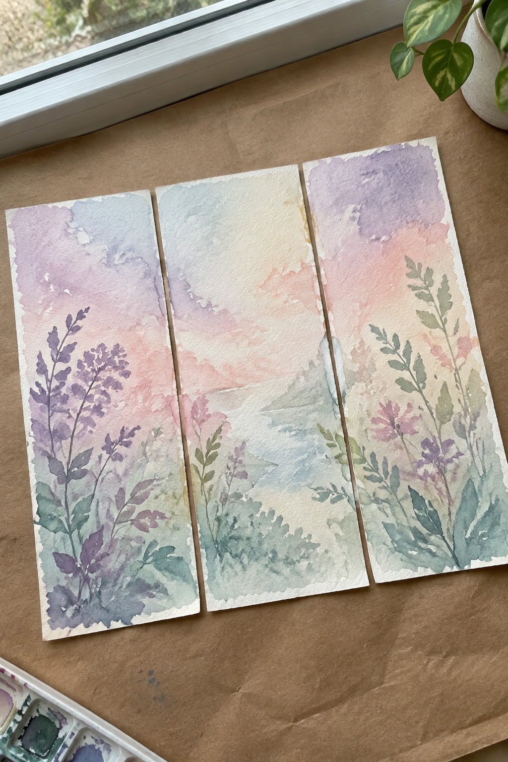 Three vertical watercolor paintings of flowers in soft pastel skies on brown paper.