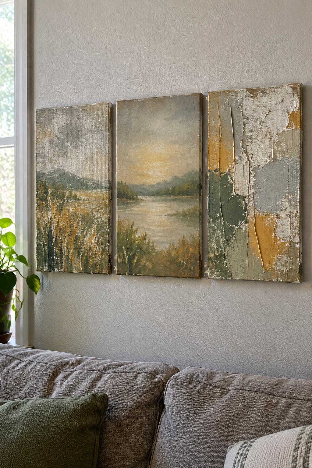 Three landscape paintings above gray couch with green pillow near window and plant.