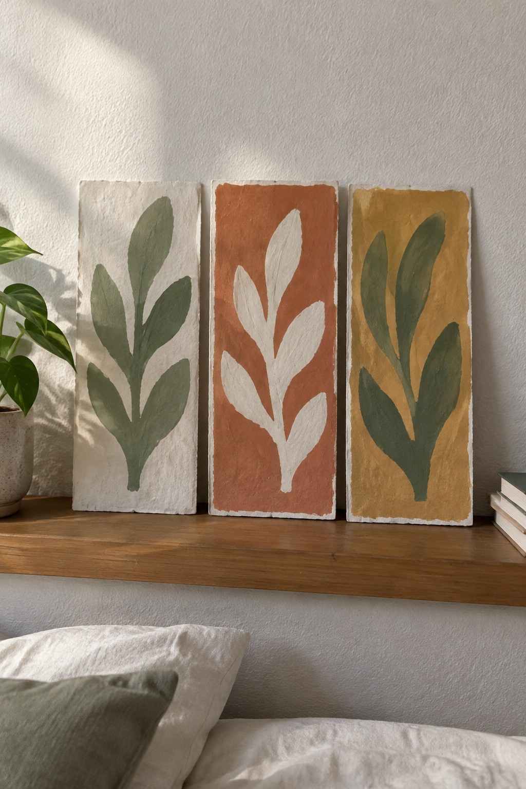 Three leaf-painted panels on wooden shelf beside plant and stacked books