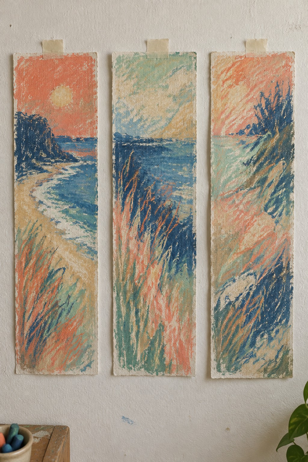 Three vertical pastel seascapes of ocean and cliffs taped to a white wall.