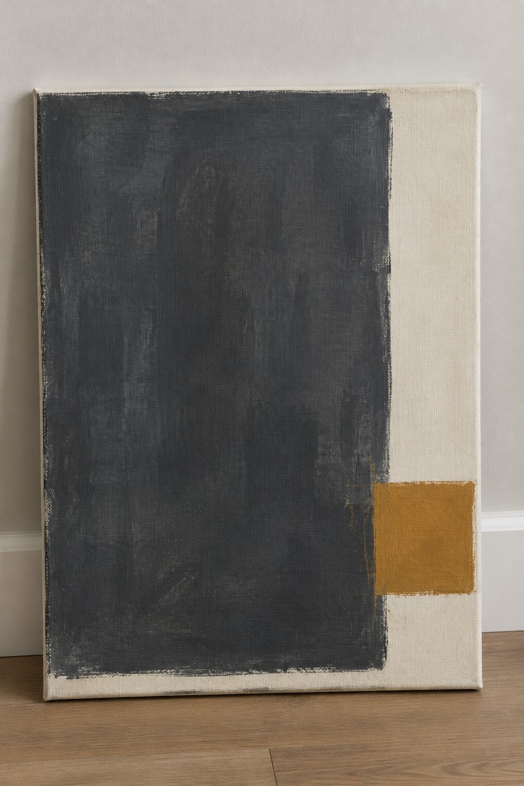 Abstract painting with dark gray field, cream vertical band, and mustard yellow rectangle