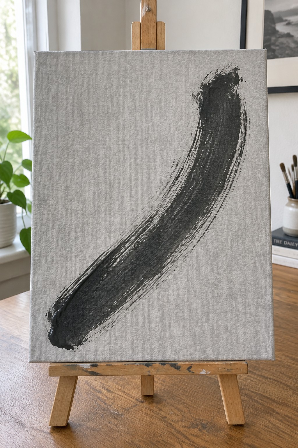 Abstract black brushstroke on light gray canvas atop wooden easel in room