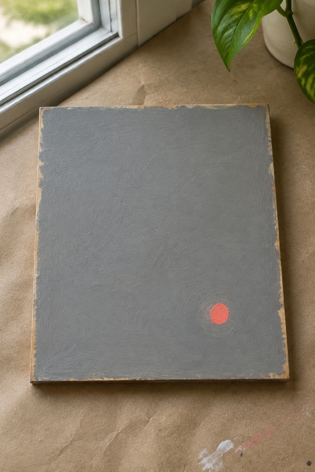 A square canvas painted gray with visible brushstrokes and one small red circle in the lower right rests on brown paper beside a window.