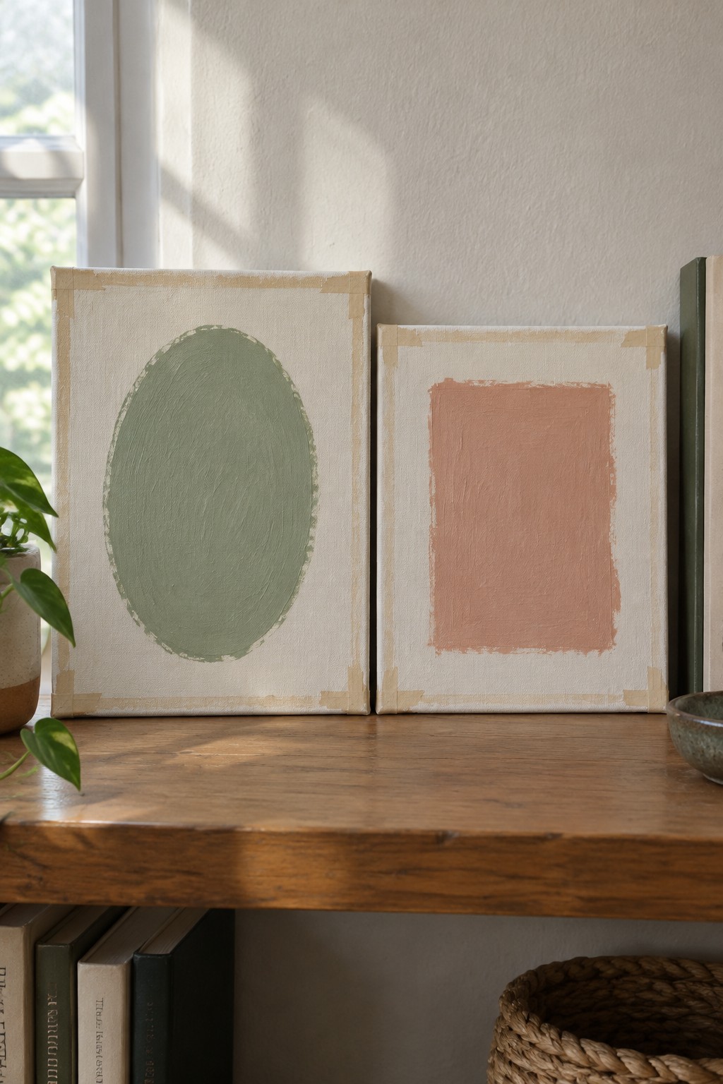 Two abstract paintings on wooden shelf with plant, books, and sunlight shadows