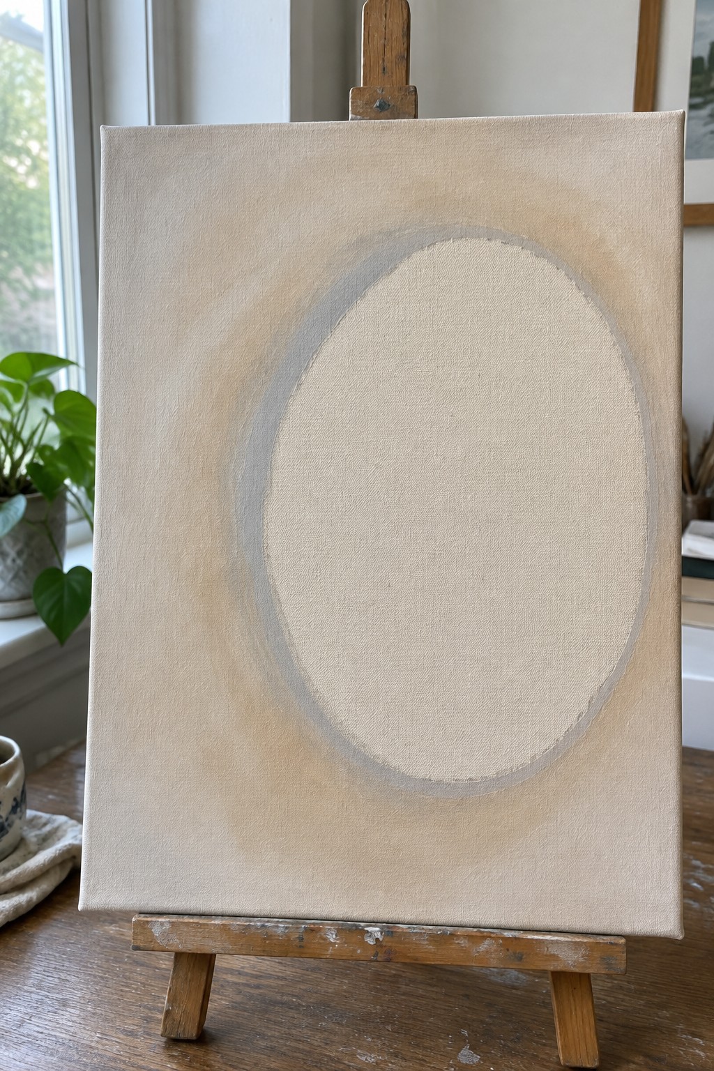 Beige canvas with faint oval outline on wooden easel in sunlit room