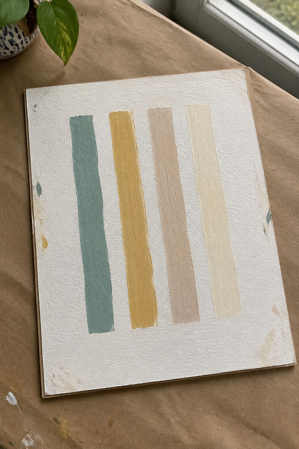 Four vertical paint swatches in teal, yellow, beige, and cream on white paper.