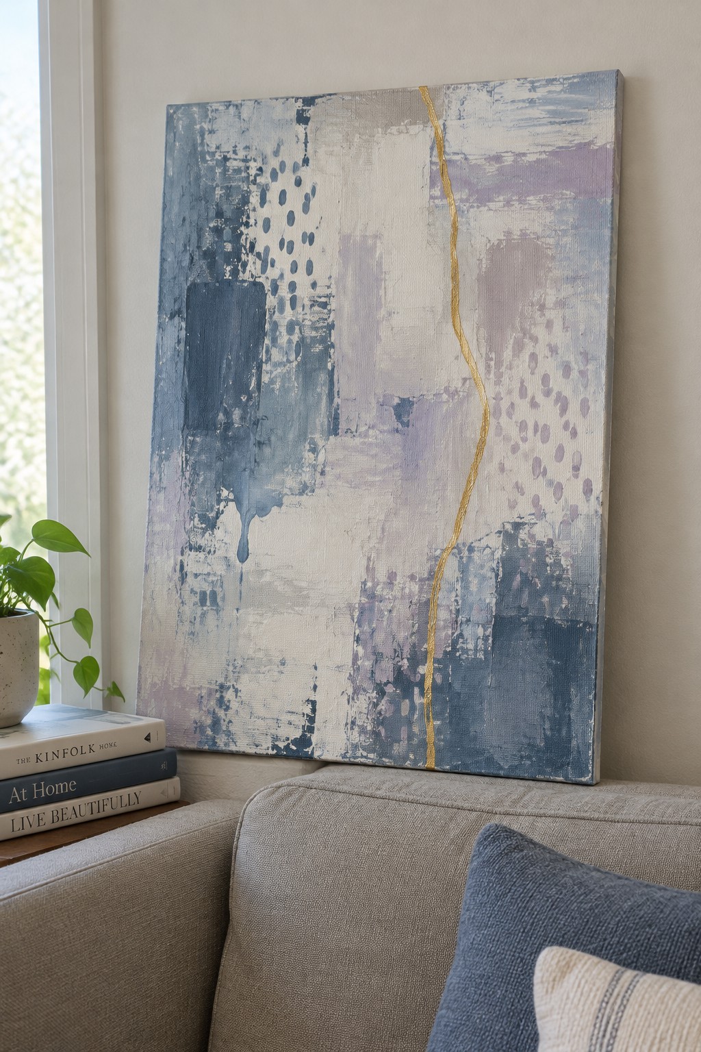Abstract blue-purple painting with gold line on beige sofa beside books and plant
