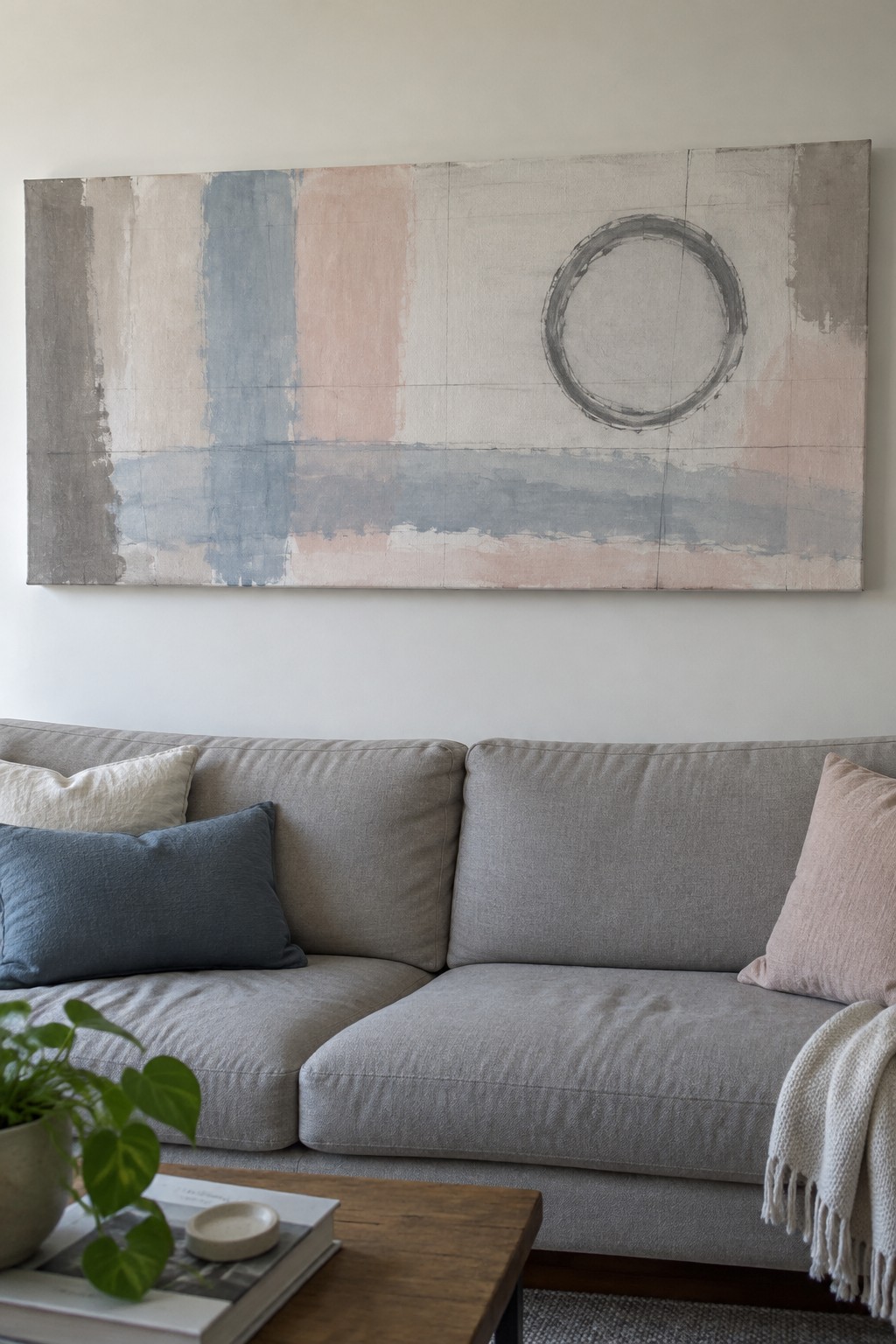 Gray sofa with blue and pink pillows under abstract painting with circular motif