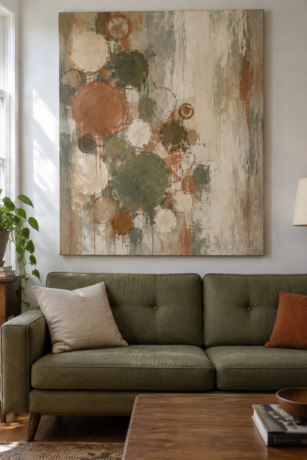 Green sofa with pillows under abstract circle painting in sunlit living room