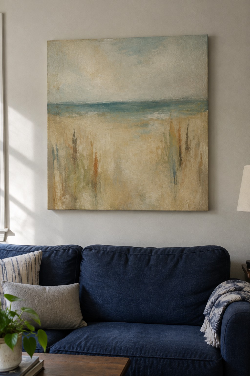 Abstract seascape painting above blue sofa with gray pillows, plant, and throw blanket