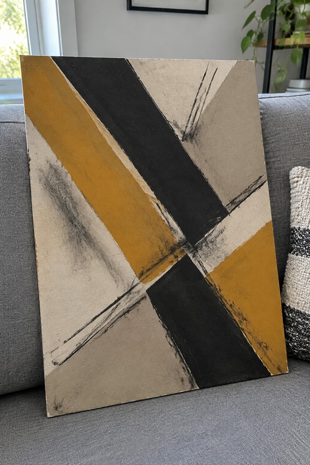 Abstract geometric painting with black, mustard yellow, and beige shapes on gray couch