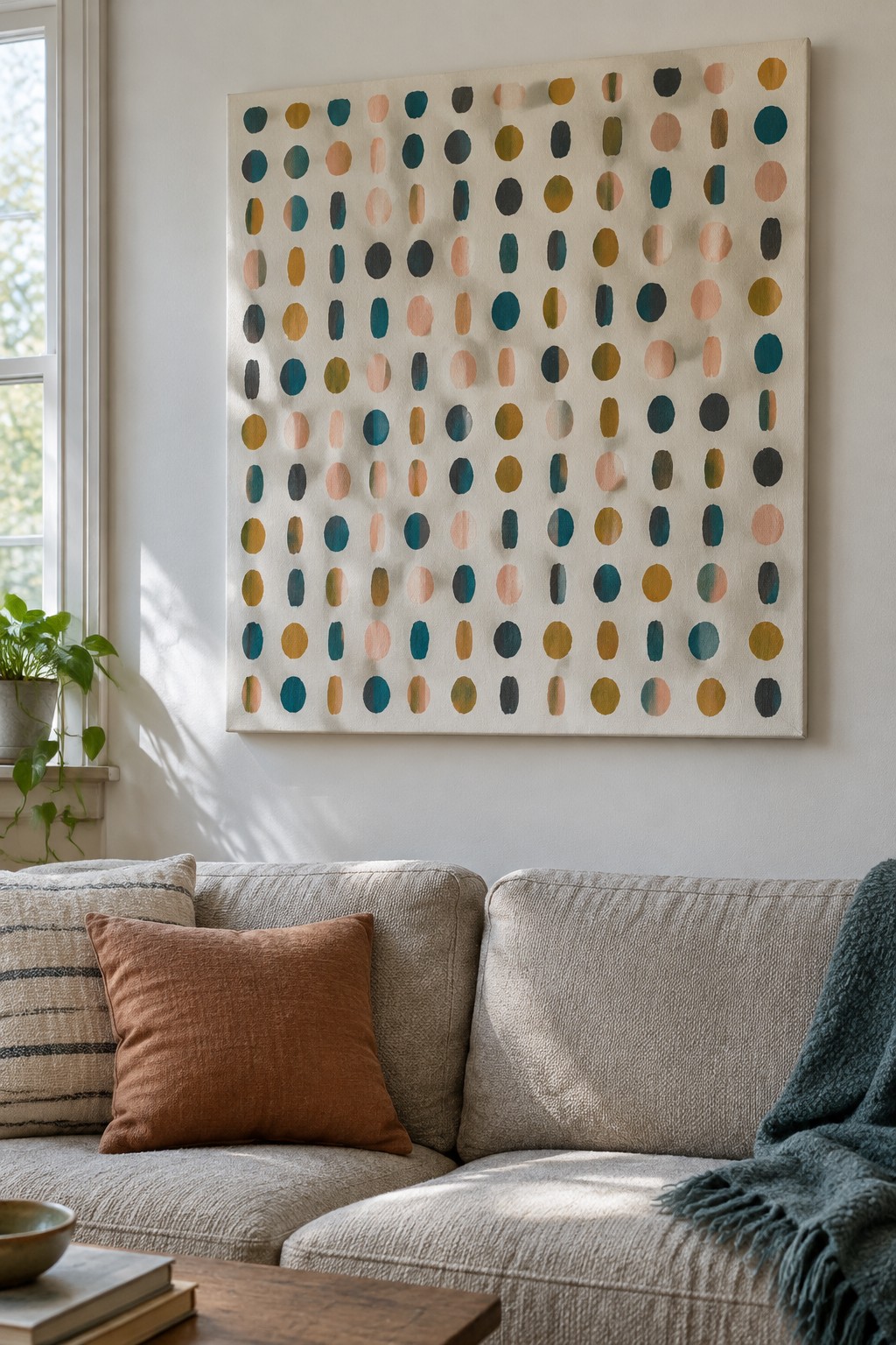 Abstract dotted painting in teal and peach above beige sofa with rust pillow
