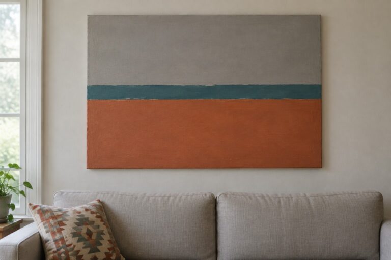 19 Modern Abstract Canvas Paintings for Living Rooms Above the Sofa Abstract painting in gray, teal, and orange above beige sofa with patterned pillow