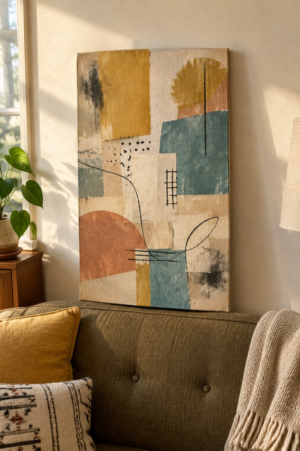 Abstract geometric painting above tufted brown sofa with yellow pillow and blanket in sunlit room