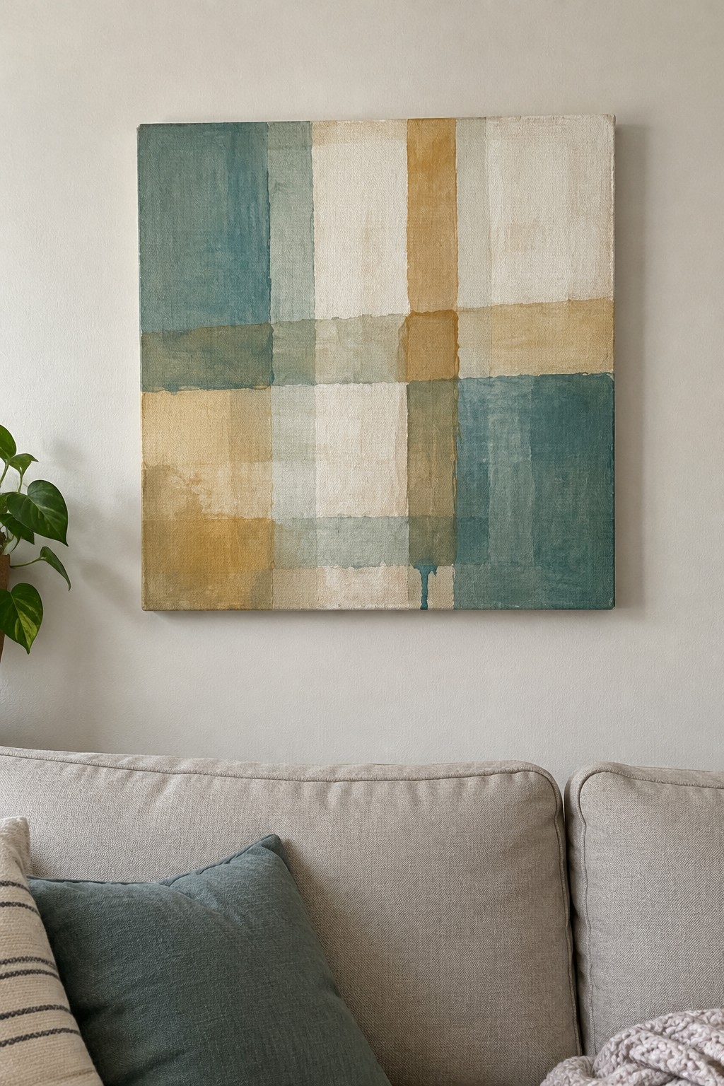 Abstract geometric painting in teal and ochre above beige sofa with pillows