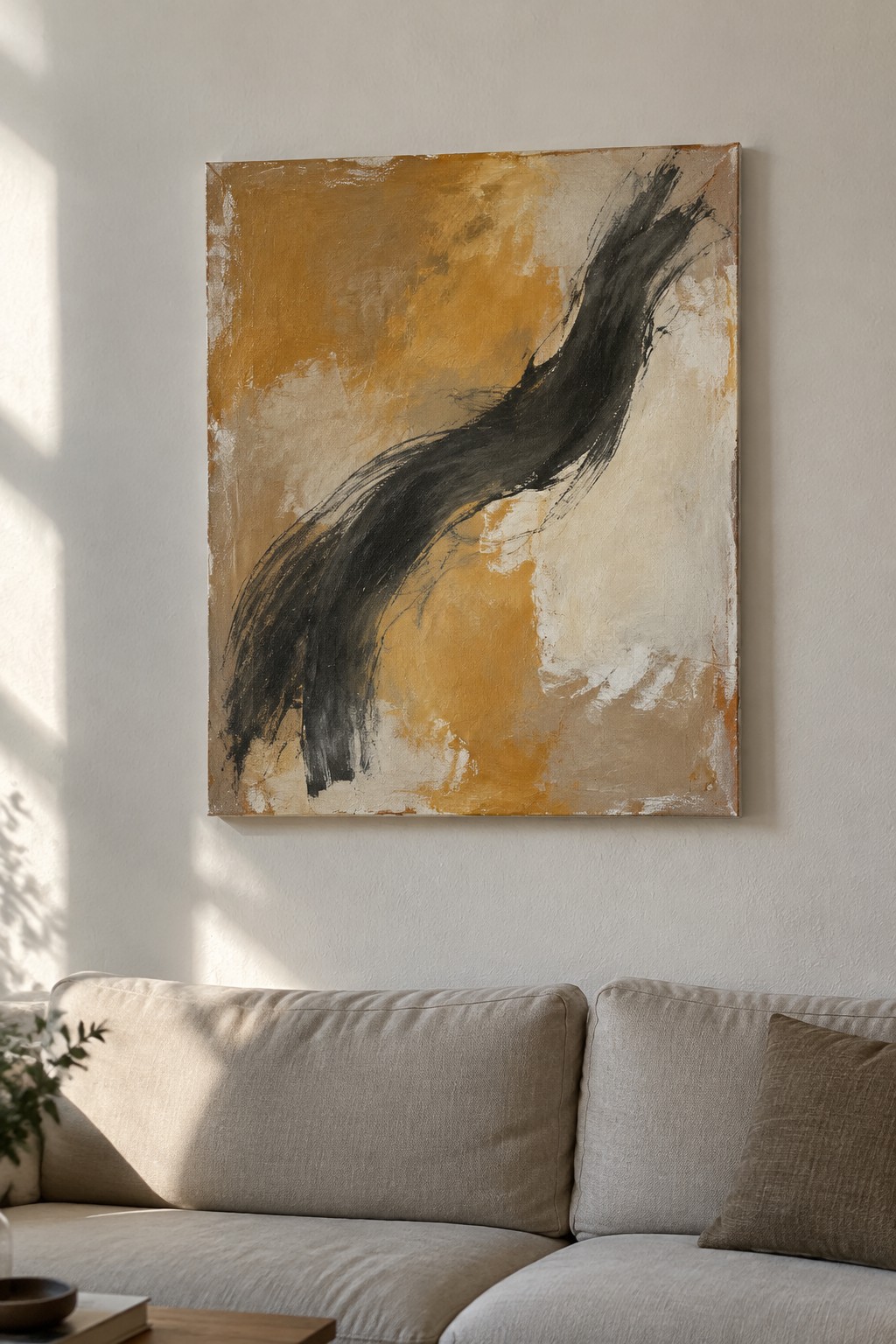 Abstract painting with bold black strokes on yellow and beige tones above beige sofa