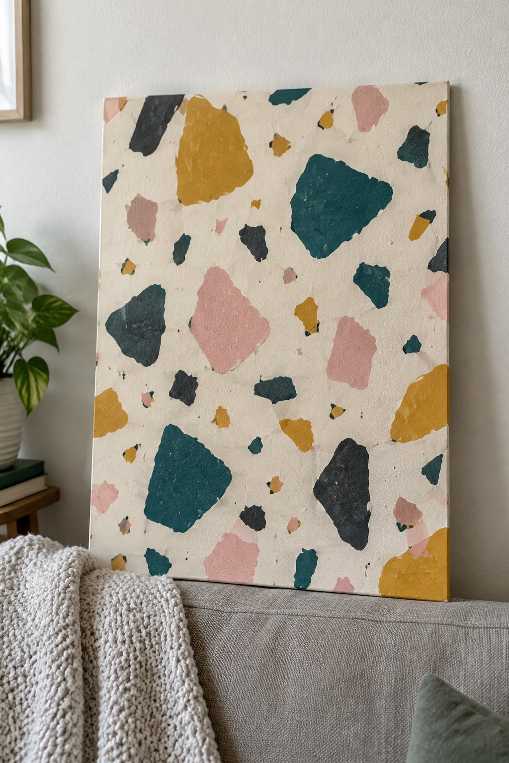 Terrazzo-patterned canvas with pink, teal, and yellow shapes on gray couch with knit blanket