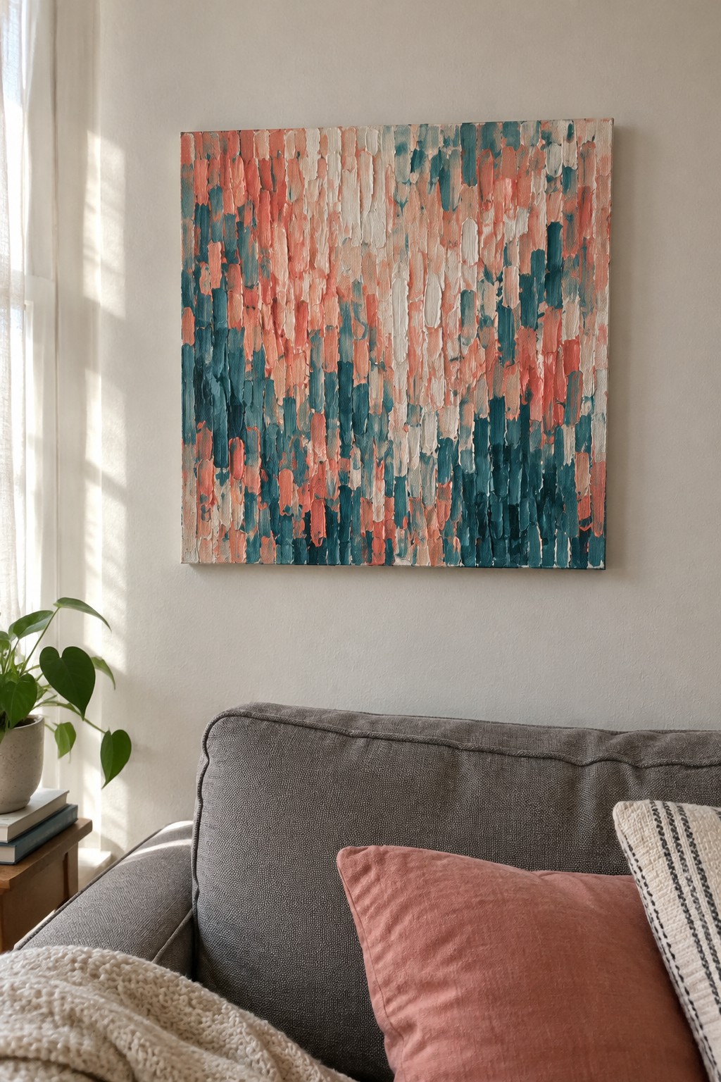 Abstract painting with coral and teal brushstrokes above gray couch with pink pillows