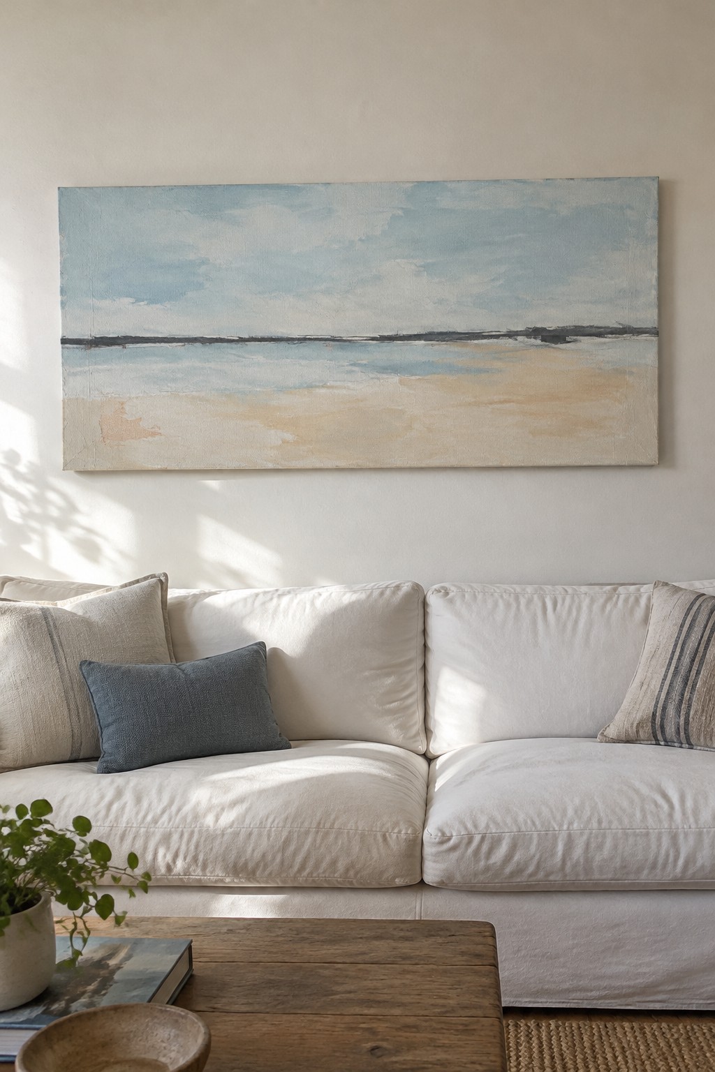 White sofa with blue and striped pillows under large abstract blue-beige painting, wooden table in front.