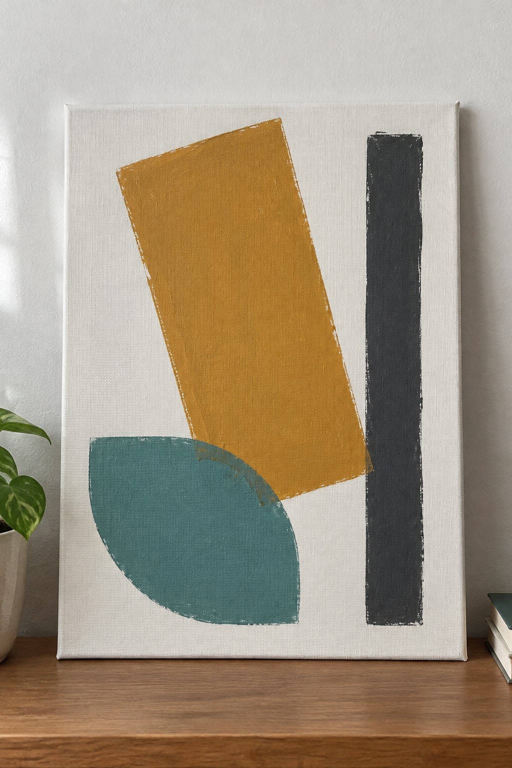 Abstract painting with slanted yellow rectangle, teal semicircle, and vertical gray bar on canvas.