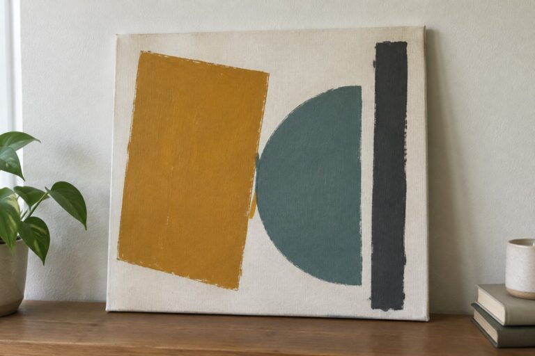 Abstract painting with slanted yellow rectangle, teal semicircle, and vertical gray bar on canvas.