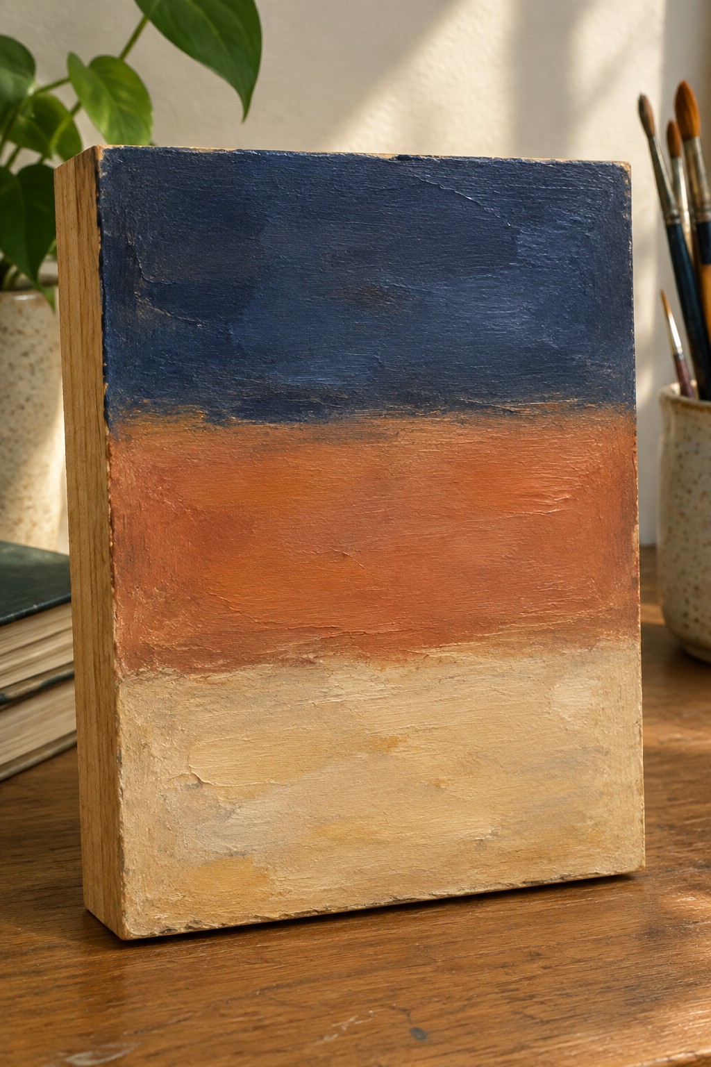 Abstract painting on wood with navy blue, orange, and beige layers