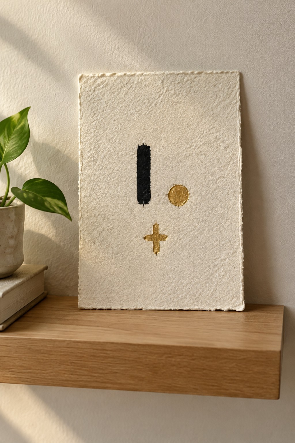 Abstract artwork with black bar, gold circle and cross on textured white paper on shelf