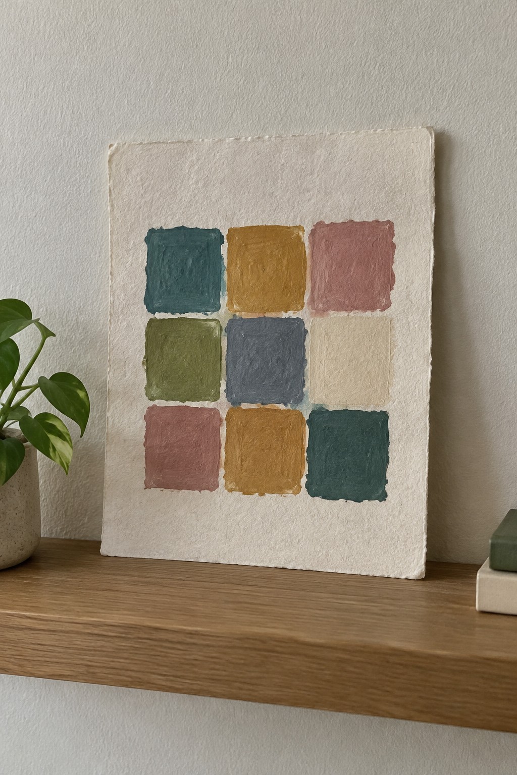 Abstract painting with nine colorful textured squares on white paper atop wooden shelf beside plant